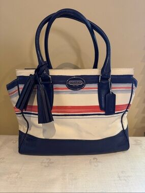 COACH Legacy Stripe Print Medium Candace Carryall Navy, Cream & Red  Stripe